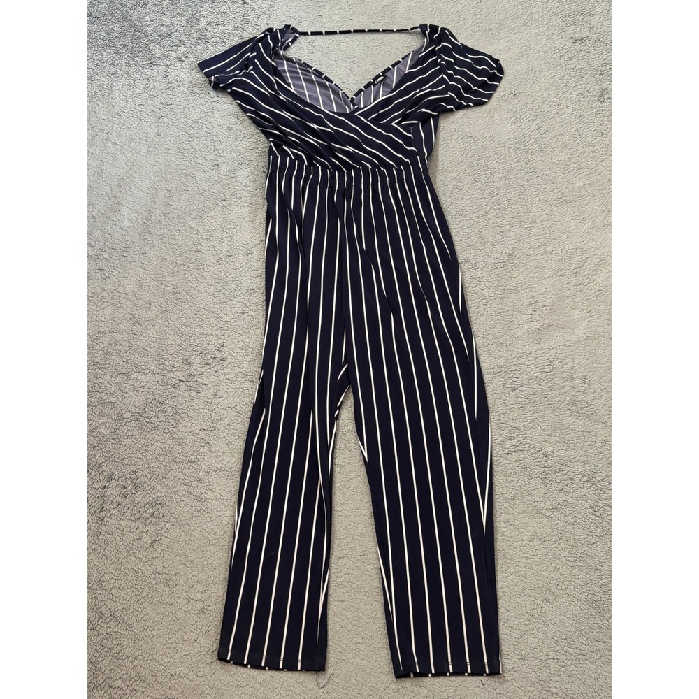 Express Navy Blue White Striped Surplice Wrap Jumpsuit Short Sleeve Medium